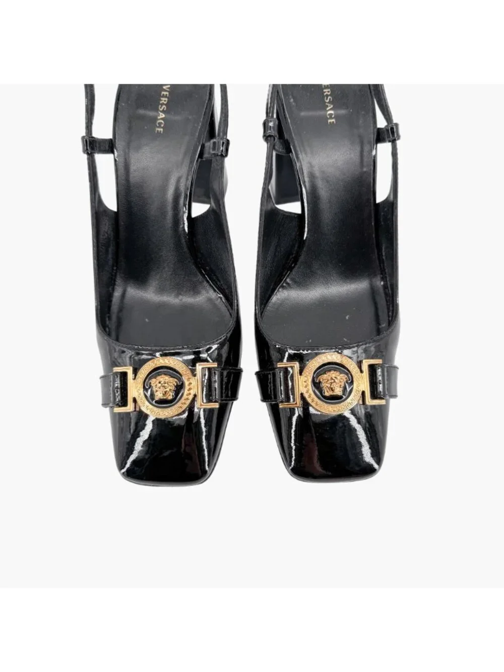 Versace Medusa Slingback Pumps Size 37 US 7 Black Patent Leather Block Heel